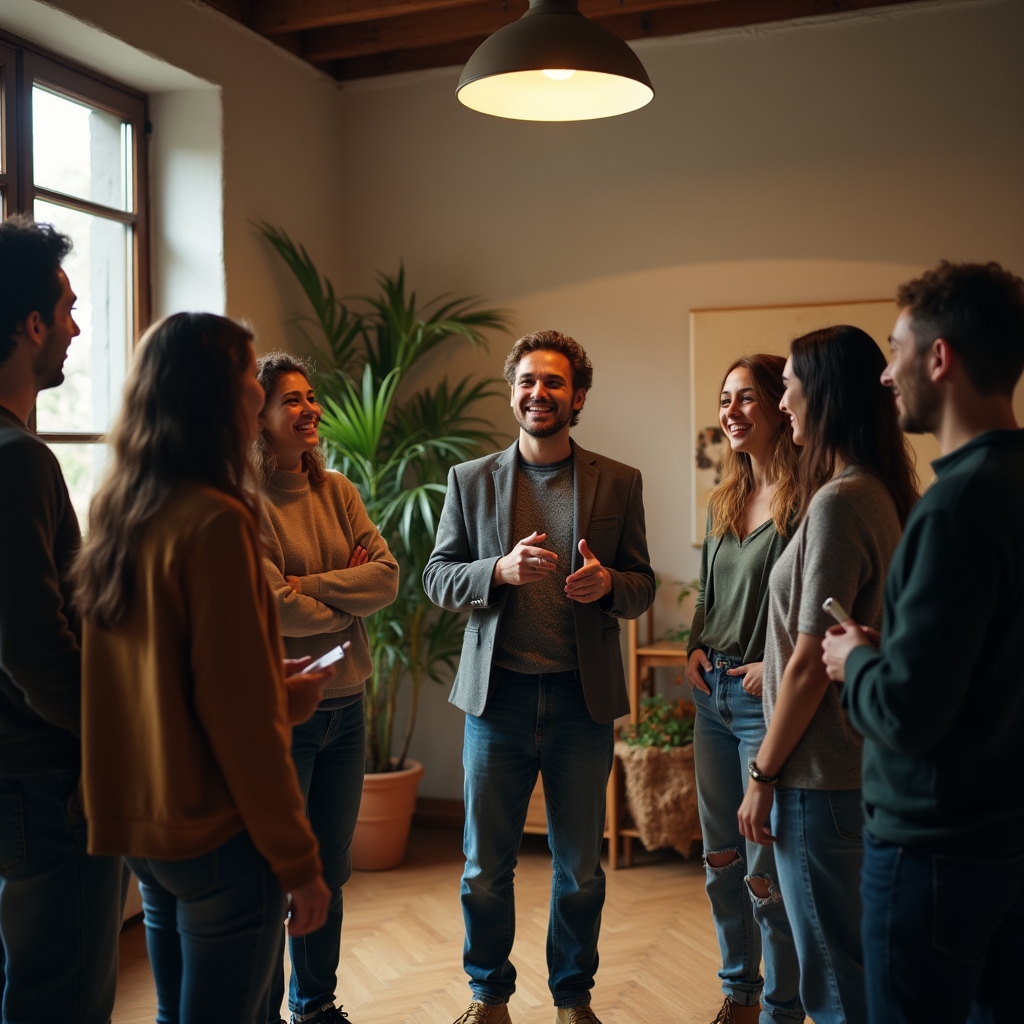 Participants in a practice circle sharing feedback on their sales presentations